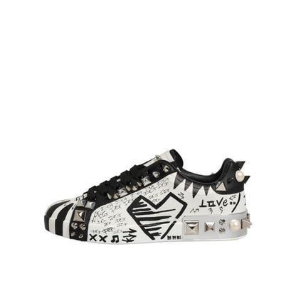 Dolce & Gabbana Black White Studded Low Top Sneakers Shoes with metallic studs and lace-up closure, featuring striking designer details.