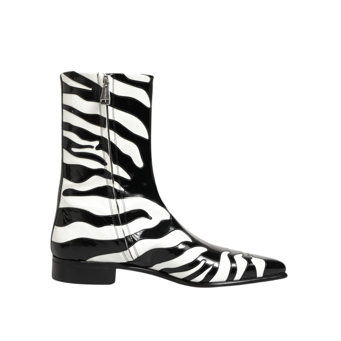 Dolce & Gabbana Black White Zebra Leather Mid Calf Boots Shoes featuring bold zebra print and sleek silhouette.