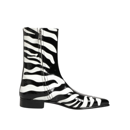 Dolce & Gabbana Black White Zebra Leather Mid Calf Boots Shoes featuring bold zebra print and sleek silhouette.