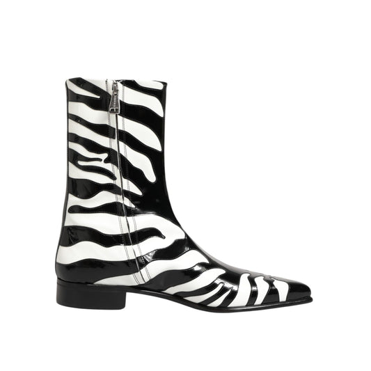 Dolce & Gabbana Black White Zebra Leather Mid Calf Boots Shoes featuring bold zebra print and sleek silhouette.