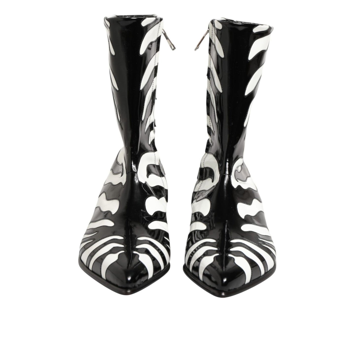 Dolce & Gabbana Black White Zebra Leather Mid Calf Boots Shoes with bold zebra pattern and sleek silhouette.