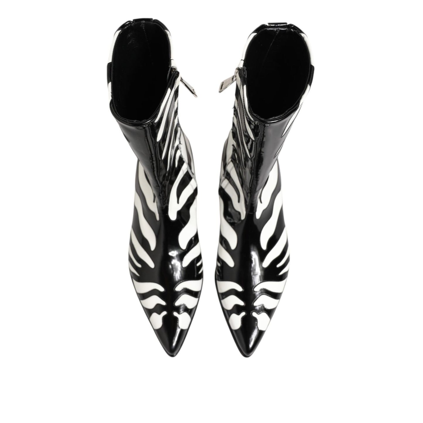 Dolce & Gabbana Black White Zebra Leather Mid Calf Boots Shoes with sleek zebra pattern, perfect for fashion-forward style in any outfit.