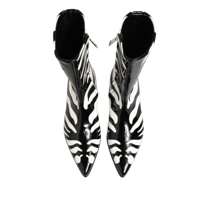 Dolce & Gabbana Black White Zebra Leather Mid Calf Boots Shoes with sleek zebra pattern, perfect for fashion-forward style in any outfit.