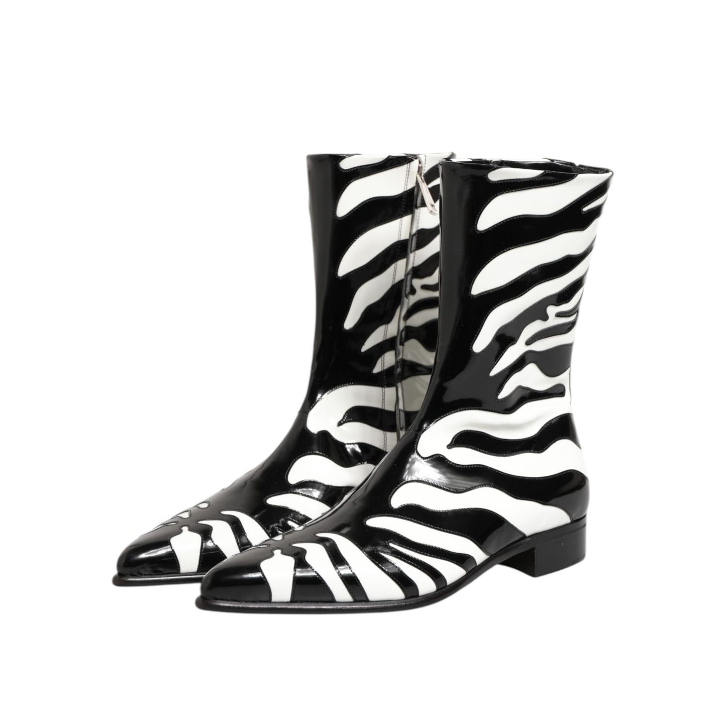 Dolce & Gabbana Black White Zebra Leather Mid Calf Boots Shoes featuring a bold zebra pattern and sleek silhouette for fashion-forward styling.