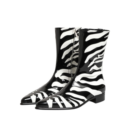Dolce & Gabbana Black White Zebra Leather Mid Calf Boots Shoes featuring a bold zebra pattern and sleek silhouette for fashion-forward styling.