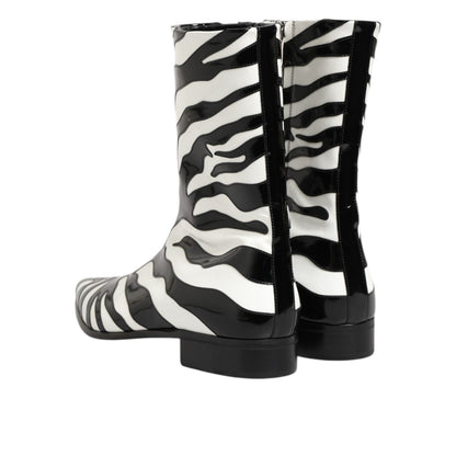 Dolce & Gabbana Black White Zebra Leather Mid Calf Boots Shoes showcasing bold zebra pattern and sleek silhouette.