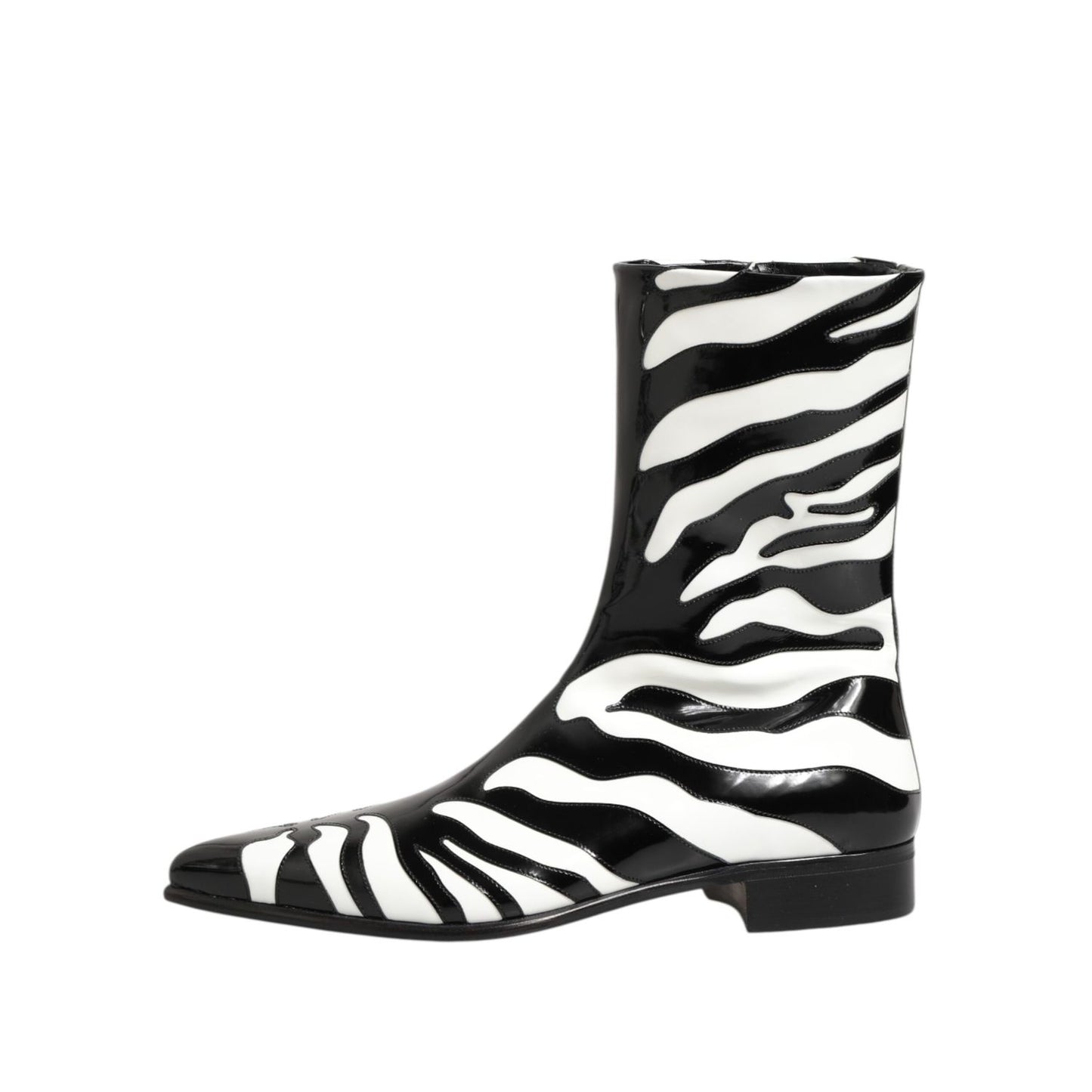 Dolce & Gabbana Black White Zebra Leather Mid Calf Boots Shoes with bold black-and-white zebra pattern, sleek silhouette.