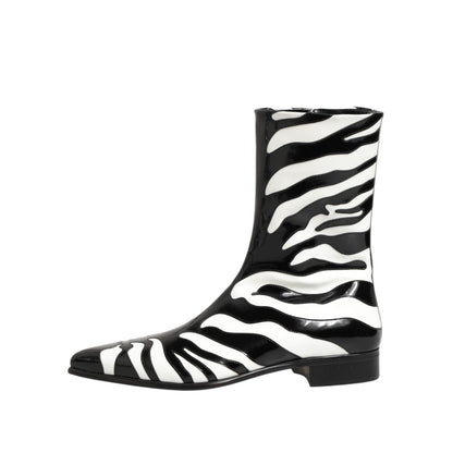 Dolce & Gabbana Black White Zebra Leather Mid Calf Boots Shoes with bold black-and-white zebra pattern, sleek silhouette.