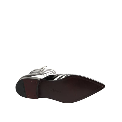 Dolce & Gabbana Black White Zebra Leather Mid Calf Boots Shoes with pointed toe and bold pattern, view of sole side