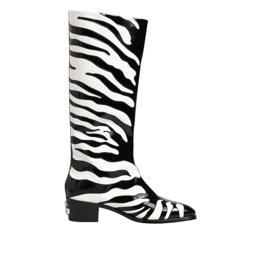Dolce & Gabbana Black White Zebra Over The Calf Boots Shoes with bold zebra pattern and sleek silhouette.