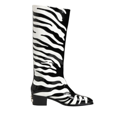 Dolce & Gabbana Black White Zebra Over The Calf Boots Shoes with zebra pattern and sleek design, perfect for fashion-forward style.