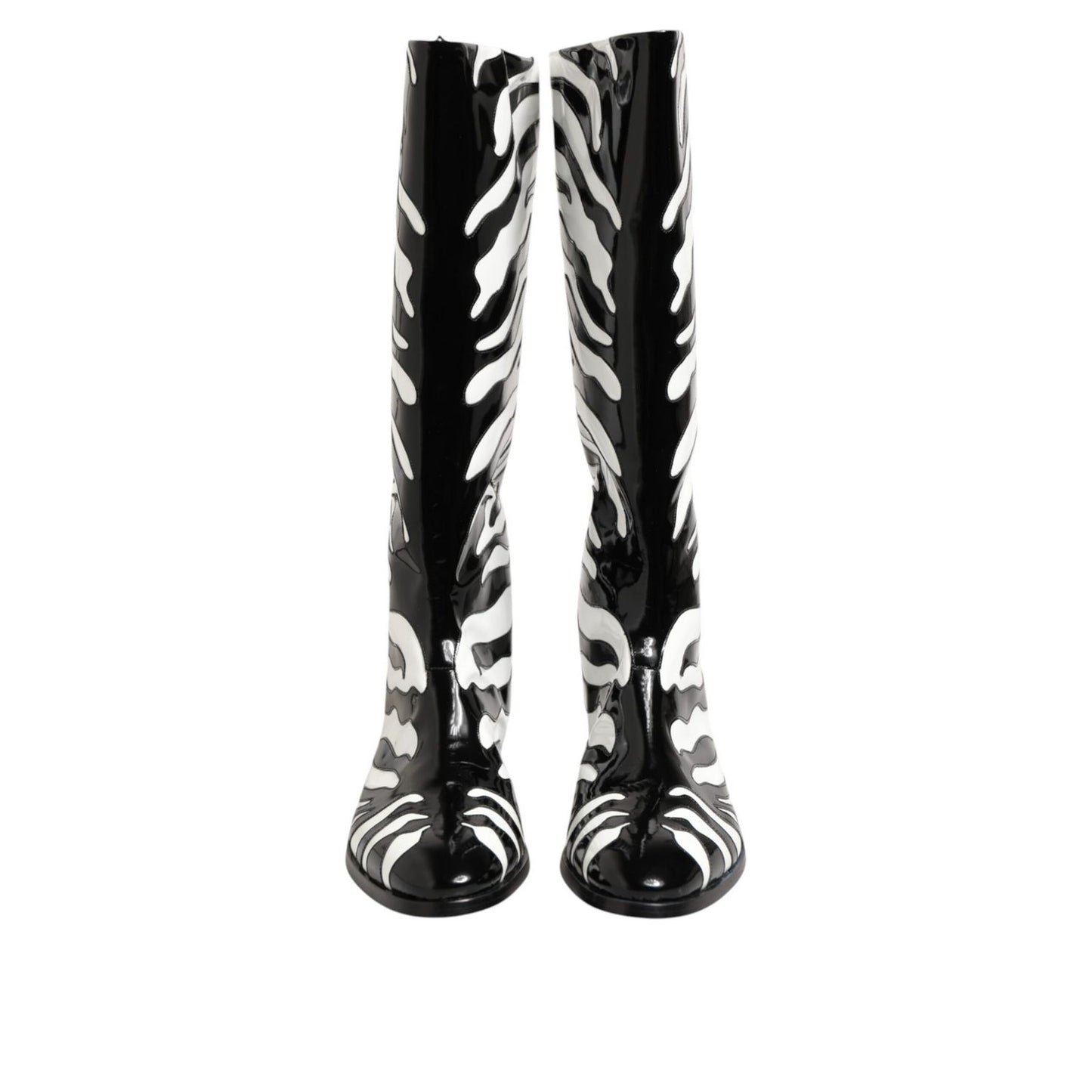 Dolce & Gabbana Black White Zebra Over The Calf Boots Shoes in bold zebra pattern, sleek design for fashion-forward style.