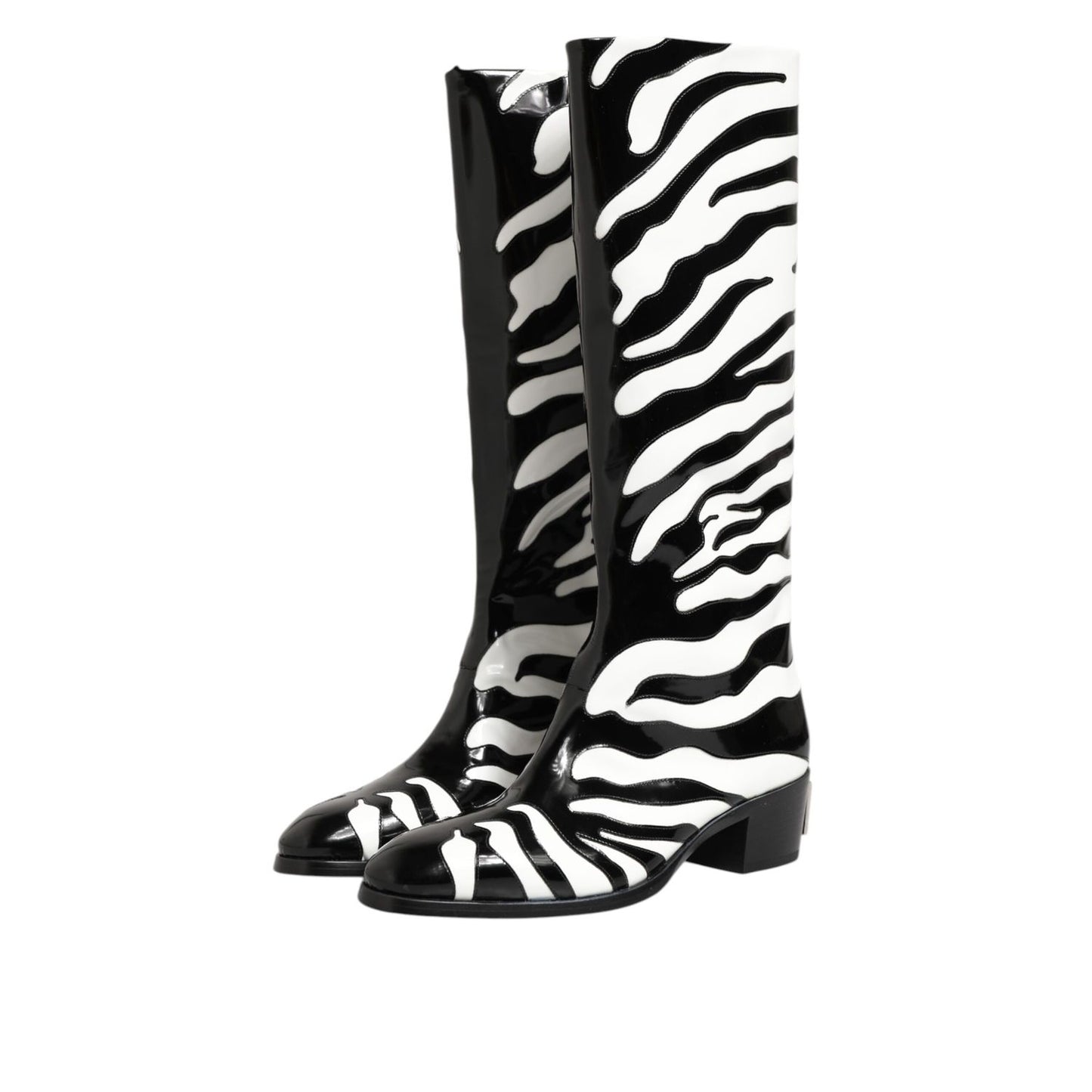Dolce & Gabbana Black White Zebra Over The Calf Boots Shoes with bold zebra pattern and sleek silhouette.
