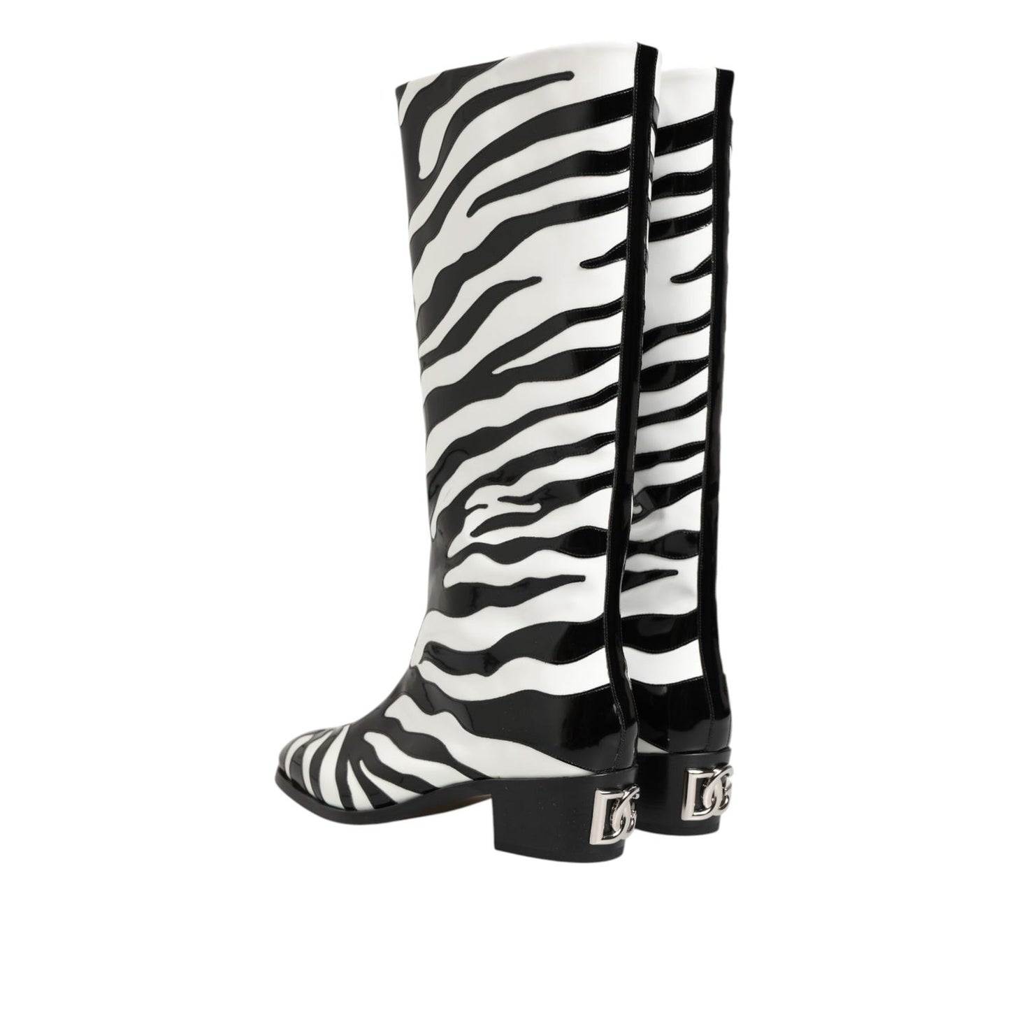 Dolce & Gabbana Black White Zebra Over The Calf Boots Shoes with bold zebra pattern and sleek design, perfect for fashion-forward outfits.