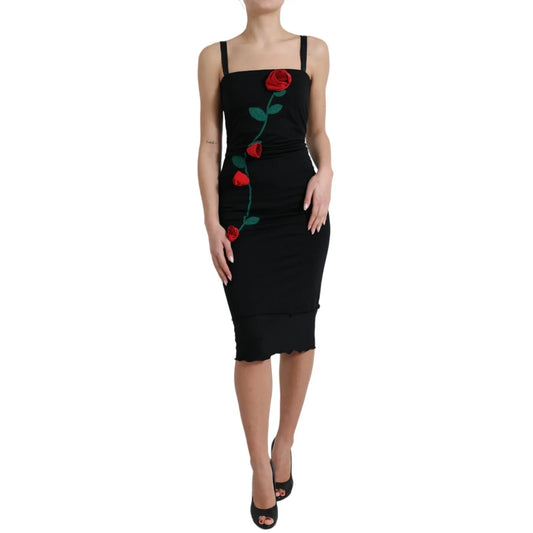 Dolce & Gabbana Black Wool Sleeveless Rose Applique Dress, elegant sheath midi with 3D red embroidery, perfect for formal occasions.