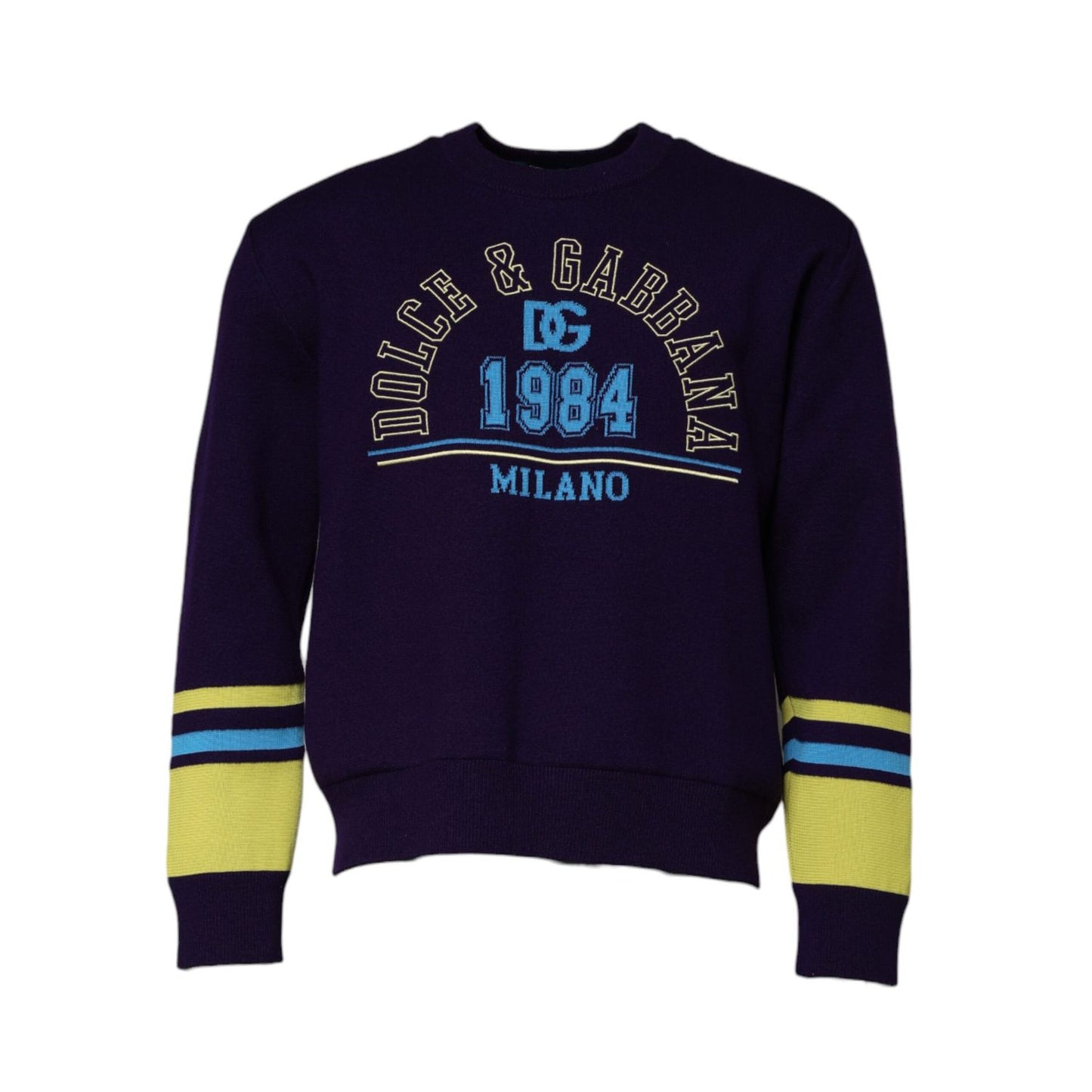Dolce & Gabbana Blue 1984 Milano CrewNeck Sweatshirt Sweater with logo details, blue with yellow accents, made in Italy, regular fit.