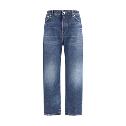 Dolce & Gabbana Blue Cotton Boyfriend Jeans with high waist, five-pocket style, and logo plaque, offering a relaxed, urban look.