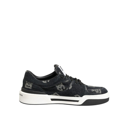 Dolce & Gabbana Blue Cotton Denim Logo Low Top Sneakers Shoes with lace-up closure and rubber sole, side view