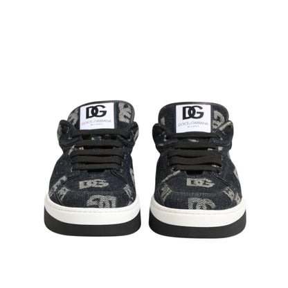 Dolce & Gabbana Blue Cotton Denim Logo Low Top Sneakers Shoes showcasing brand logos and a rubber sole.