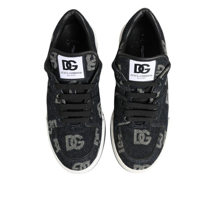 Dolce & Gabbana Blue Cotton Denim Logo Low Top Sneakers Shoes with lace-up closure and rubber sole, top view.