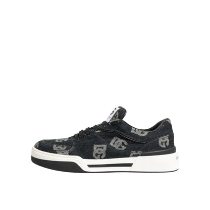 Dolce & Gabbana Blue Cotton Denim Logo Low Top Sneakers Shoes with rubber sole and lace-up closure, showcasing logo detailing.