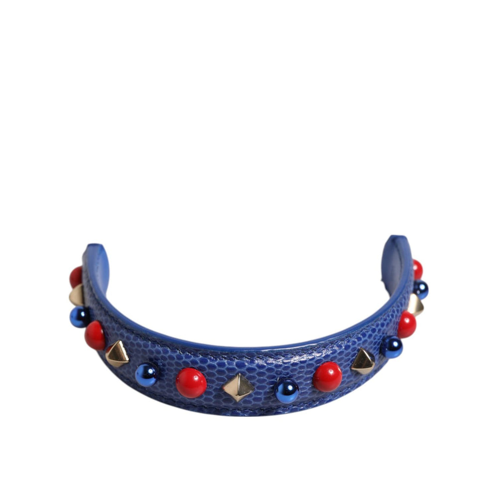 Dolce & Gabbana Blue Embellished Leather Bag Handle Women Shoulder Strap with red and gold accents, luxury accessory