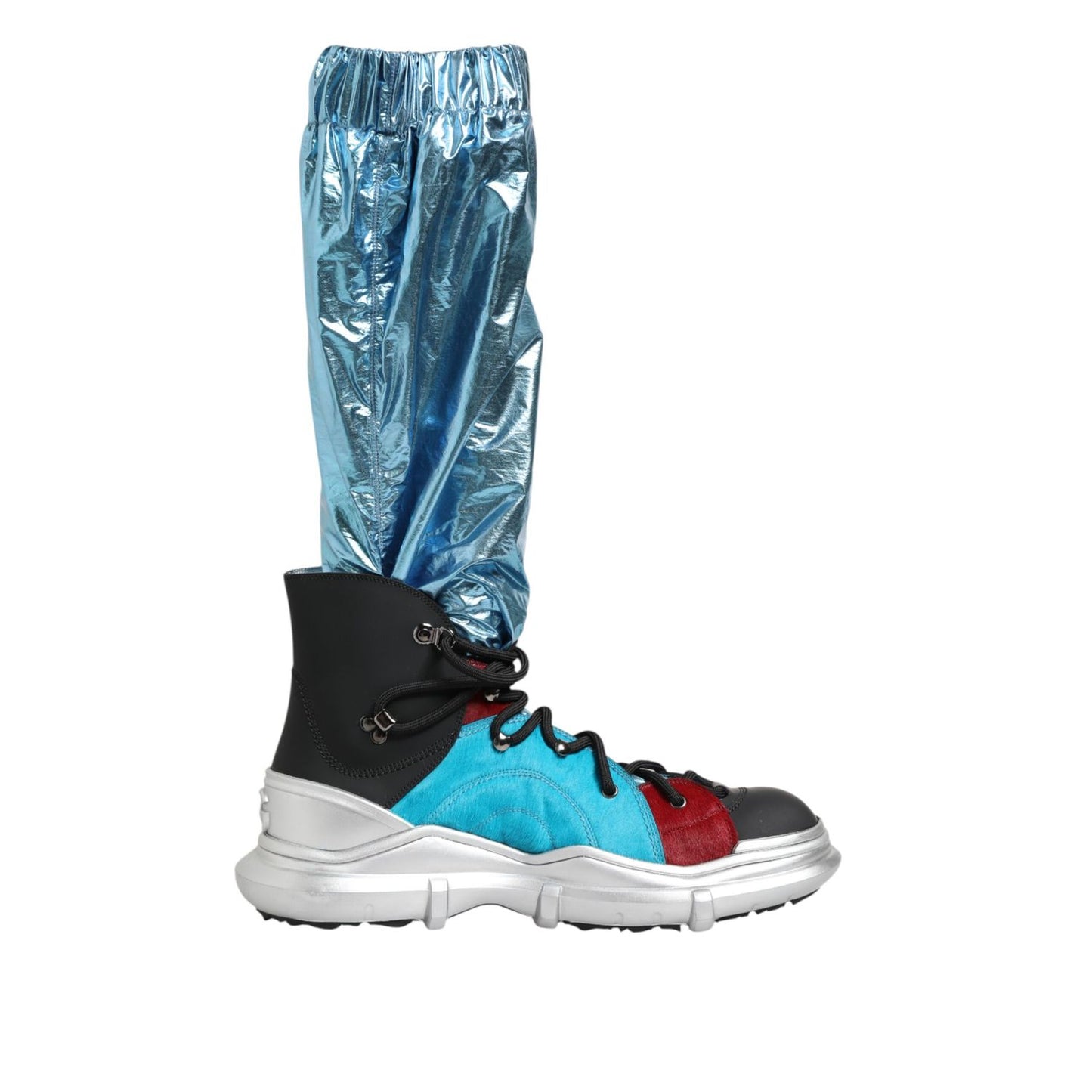 Dolce & Gabbana Blue Lace Up Over The Knee Socks Men Boots Shoes in blue and red sock-style with lace-up front.
