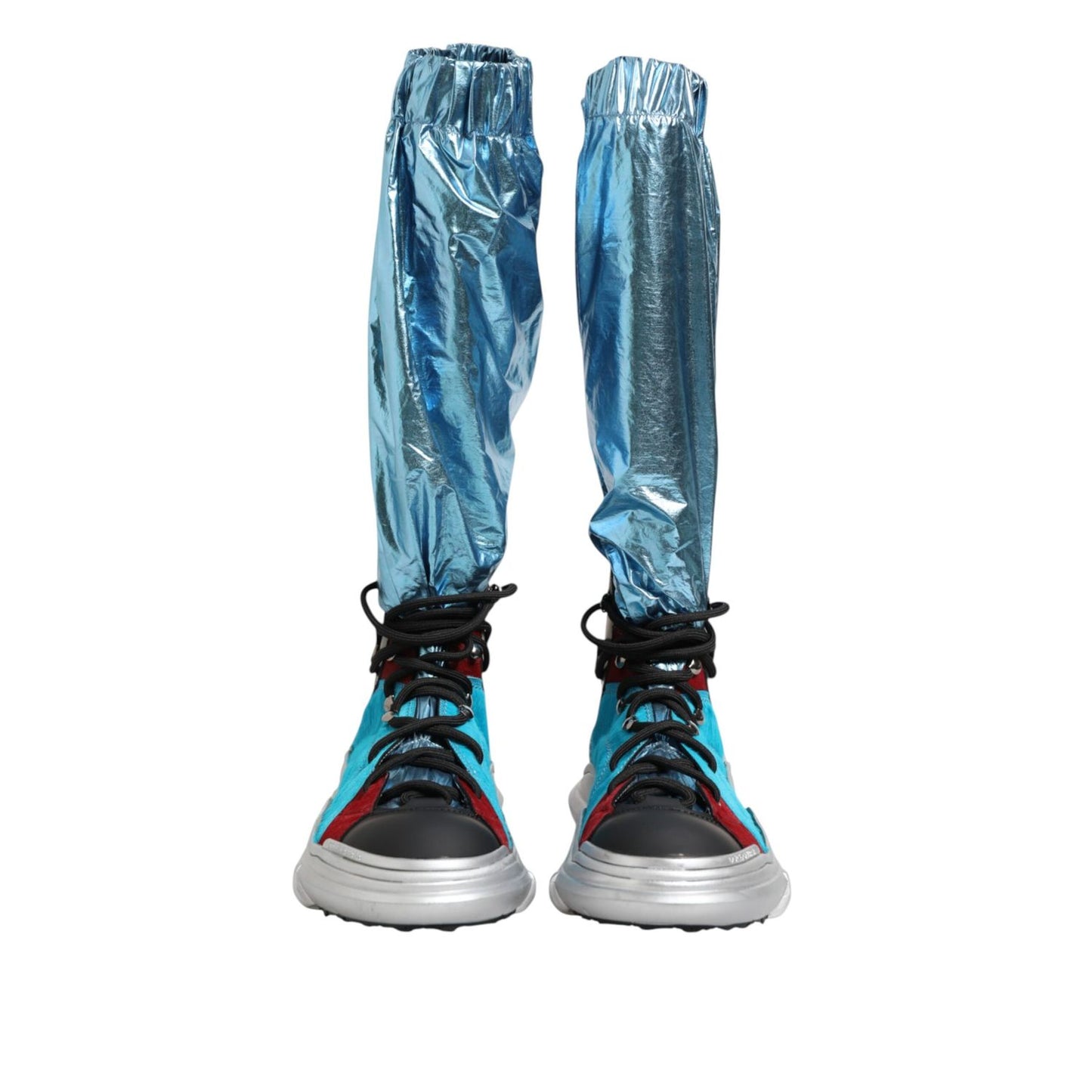 Dolce & Gabbana Blue Lace Up Over The Knee Socks Men Boots Shoes in vibrant blue and red with a sleek, sporty silhouette.