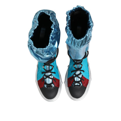 Dolce & Gabbana Blue Lace Up Over The Knee Socks Men Boots Shoes in vibrant blue and red, perfect for a street-style fashion statement.