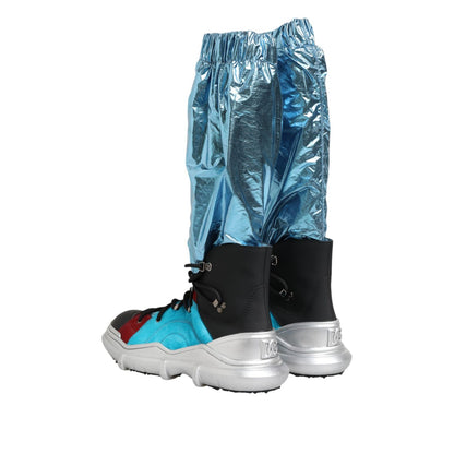 Dolce & Gabbana Blue Lace Up Over The Knee Socks Men Boots Shoes with shiny blue fabric and sporty design