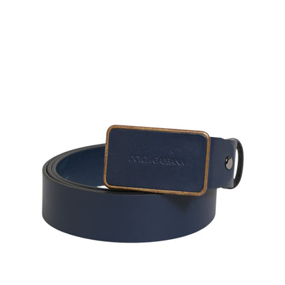 Dolce & Gabbana Blue Leather Classic Metal Logo Buckle Belt, luxurious design with sleek brass buckle, made in Italy.