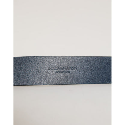 Dolce & Gabbana Blue Leather Classic Metal Logo Buckle Belt showing texture detail in premium calf leather.