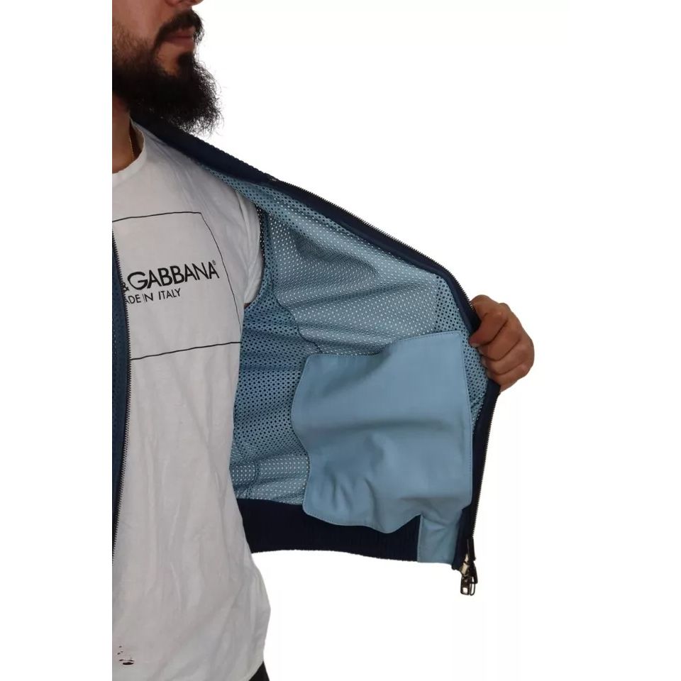 Dolce & Gabbana Blue Leather Perforated Full Zip Jacket