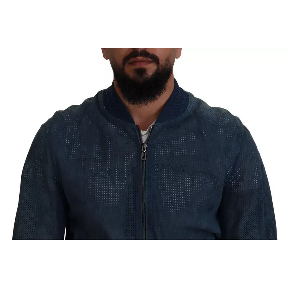 Dolce & Gabbana Blue Leather Perforated Full Zip Jacket