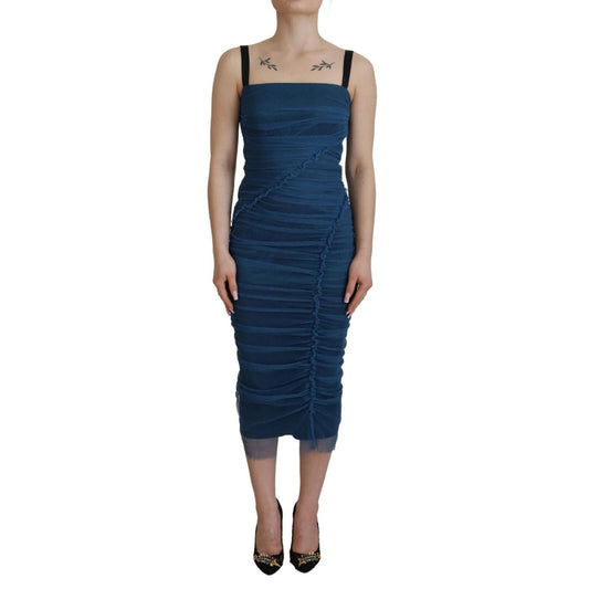 Dolce & Gabbana Blue Mesh Trim Ruched Tulle Sheath Dress DR28818-40