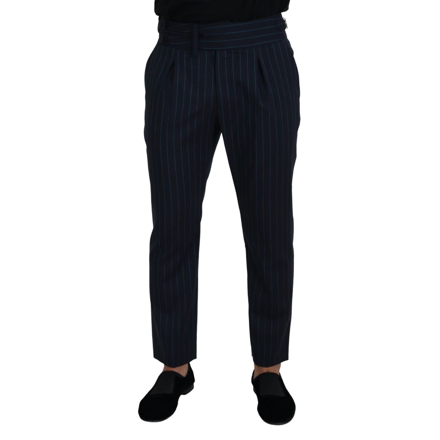 Dolce & Gabbana Blue Striped Men Formal Pants made of 100% virgin wool, featuring Italian craftsmanship and distinctive logo detailing.