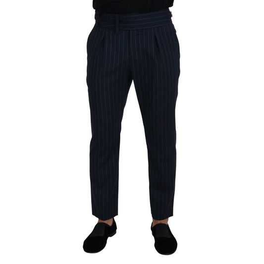 Dolce & Gabbana Blue Striped Men Formal Pants made of 100% virgin wool, featuring Italian craftsmanship and distinctive logo detailing.