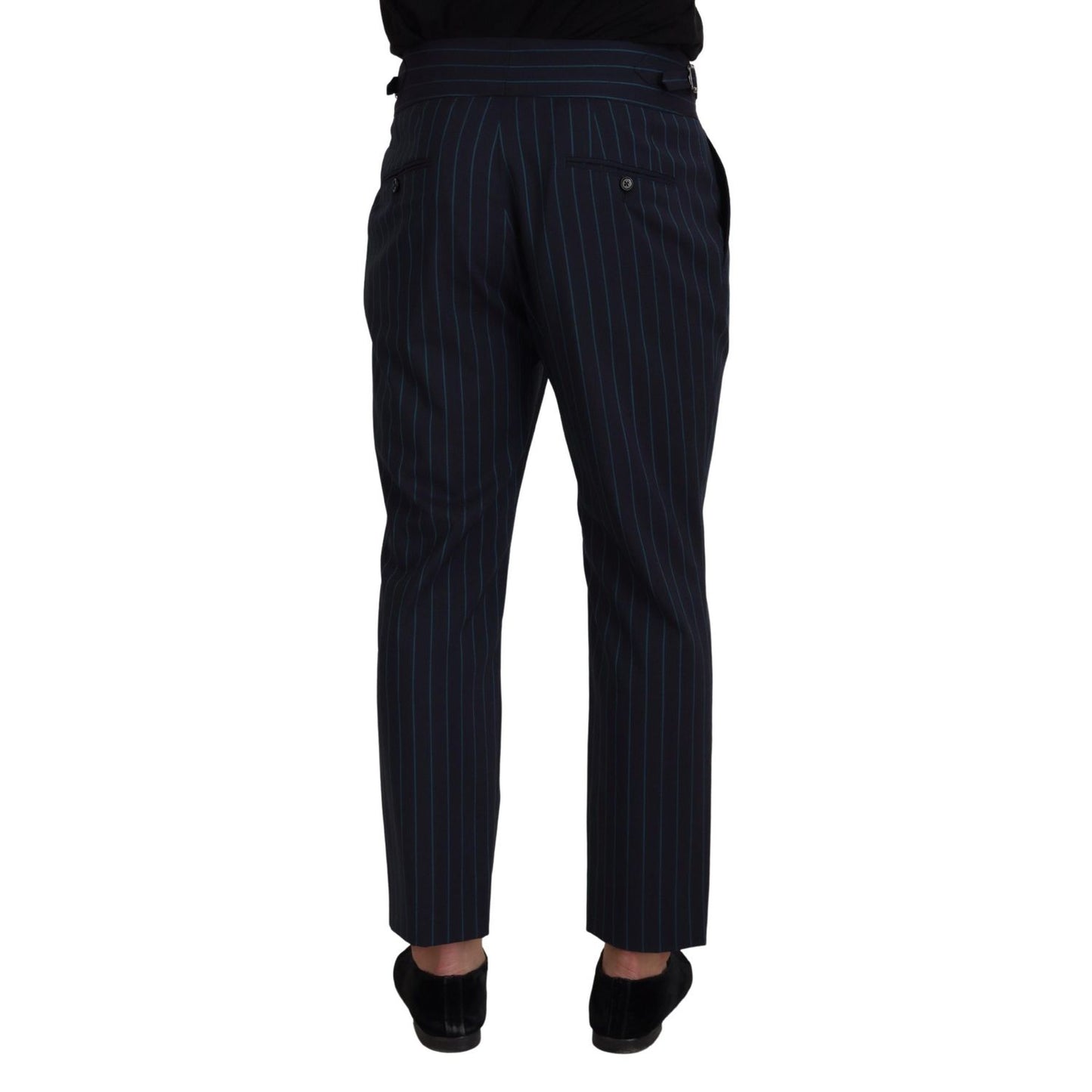 Back view of Dolce & Gabbana Blue Striped Men Formal Pants made of 100% Virgin Wool, featuring elegant design and craftsmanship.