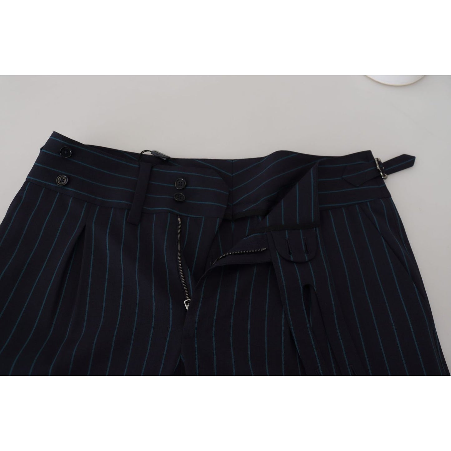 Dolce & Gabbana Blue Striped Men Formal Pants made from 100% virgin wool, featuring elegant design with logo details, mainline collection.