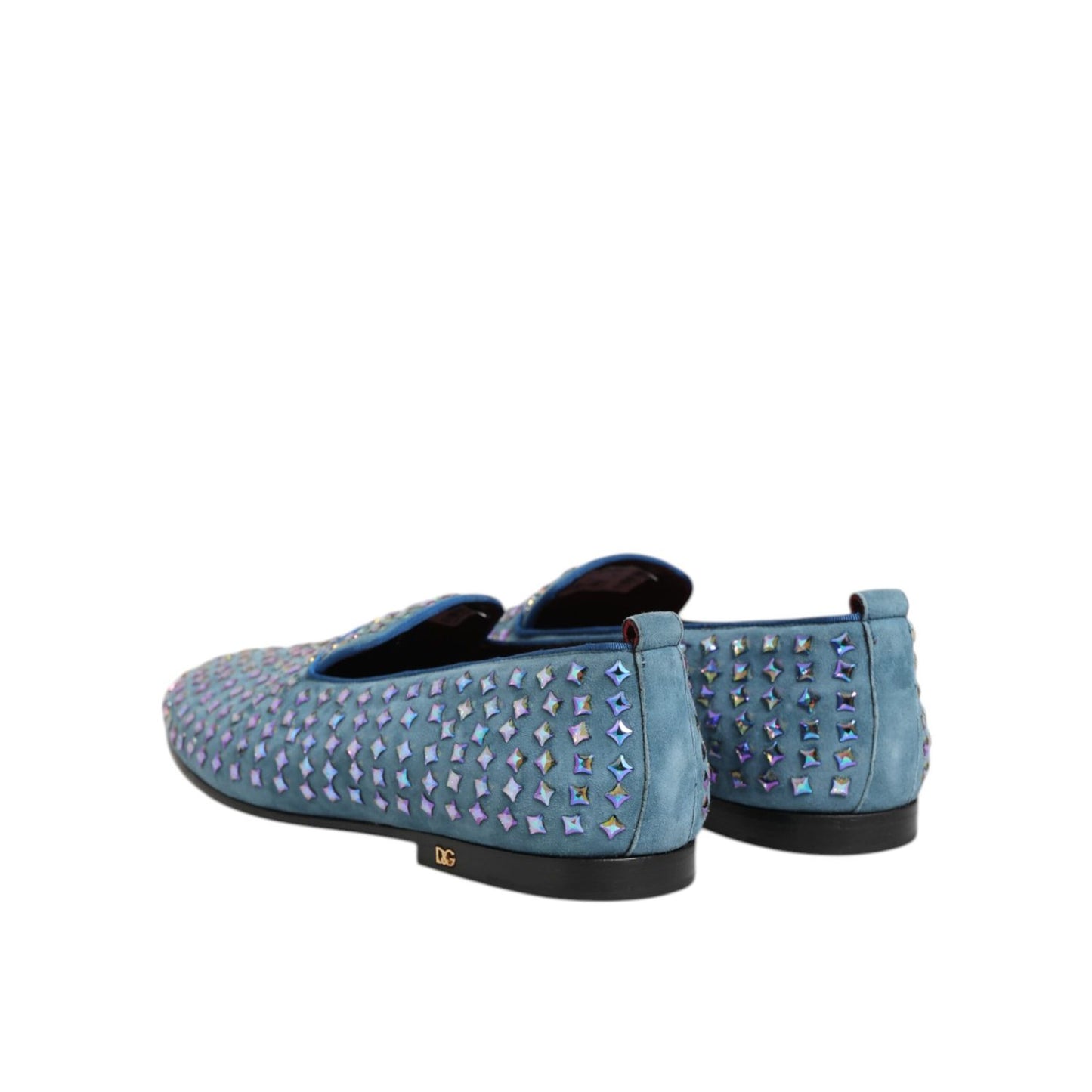 Dolce & Gabbana Blue Suede Studded Dress Men Loafers Shoes showcasing back view with luxury stud details.