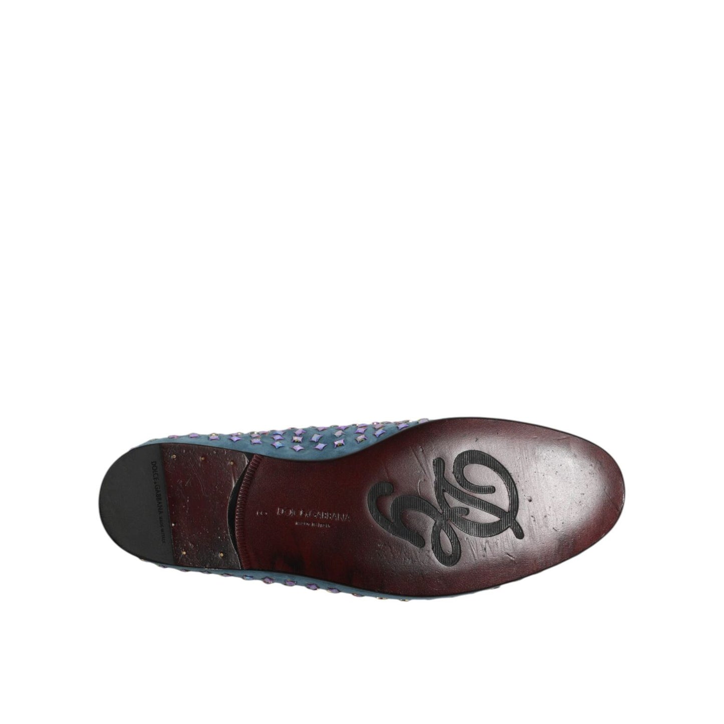 Sole view of Dolce & Gabbana Blue Suede Studded Dress Men Loafers Shoes showing designer logo, showcasing luxury craftsmanship.