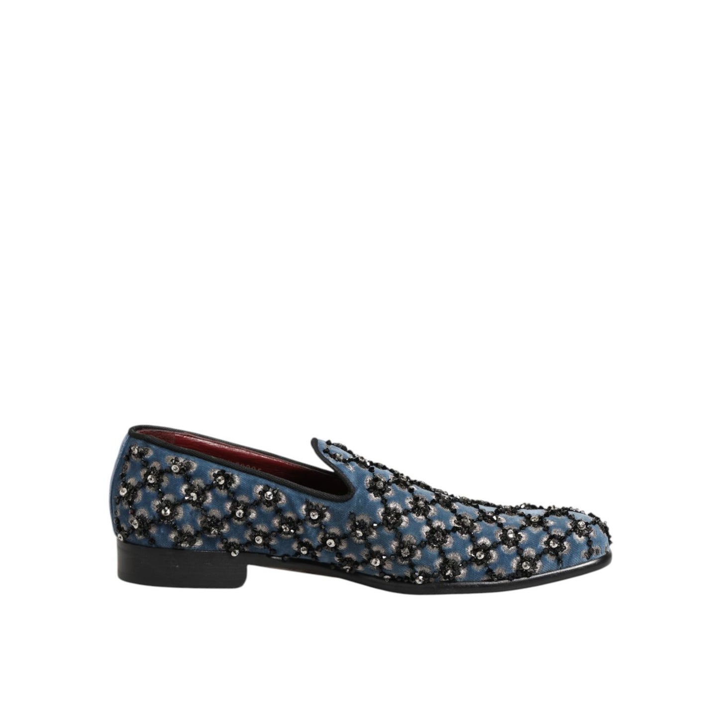 Dolce & Gabbana Blue Velvet Crystal Detailing Loafer Men Shoes with luxury design and elegant crystal embellishments.