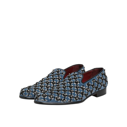 Dolce & Gabbana Blue Velvet Crystal Detailing Loafer Men Shoes with luxury crystal embellishments on rich blue velvet.