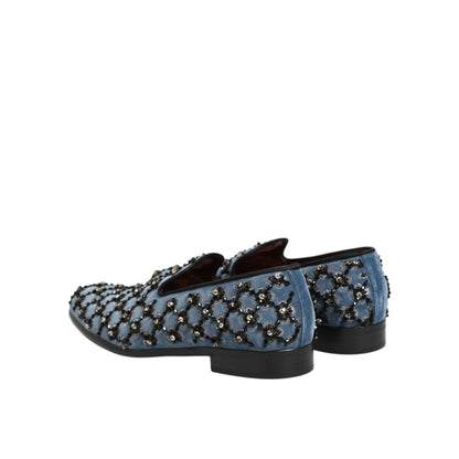 Dolce & Gabbana Blue Velvet Crystal Detailing Loafer Men Shoes with luxury crystal embellishments, side view.