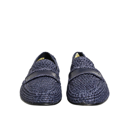 Dolce & Gabbana Blue Woven Leather Slip On Loafers Men Shoes front view showcasing elegant design and texture.