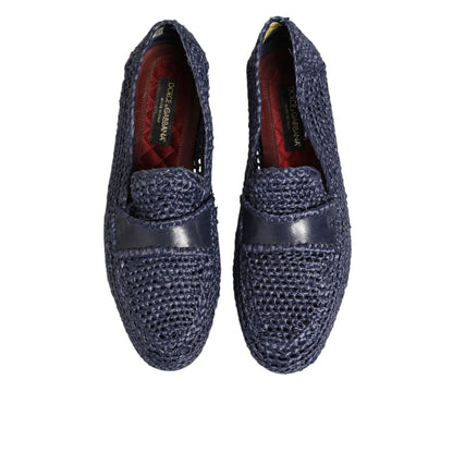 Dolce & Gabbana Blue Woven Leather Slip On Loafers Men Shoes, top view displaying elegant texture and craftsmanship
