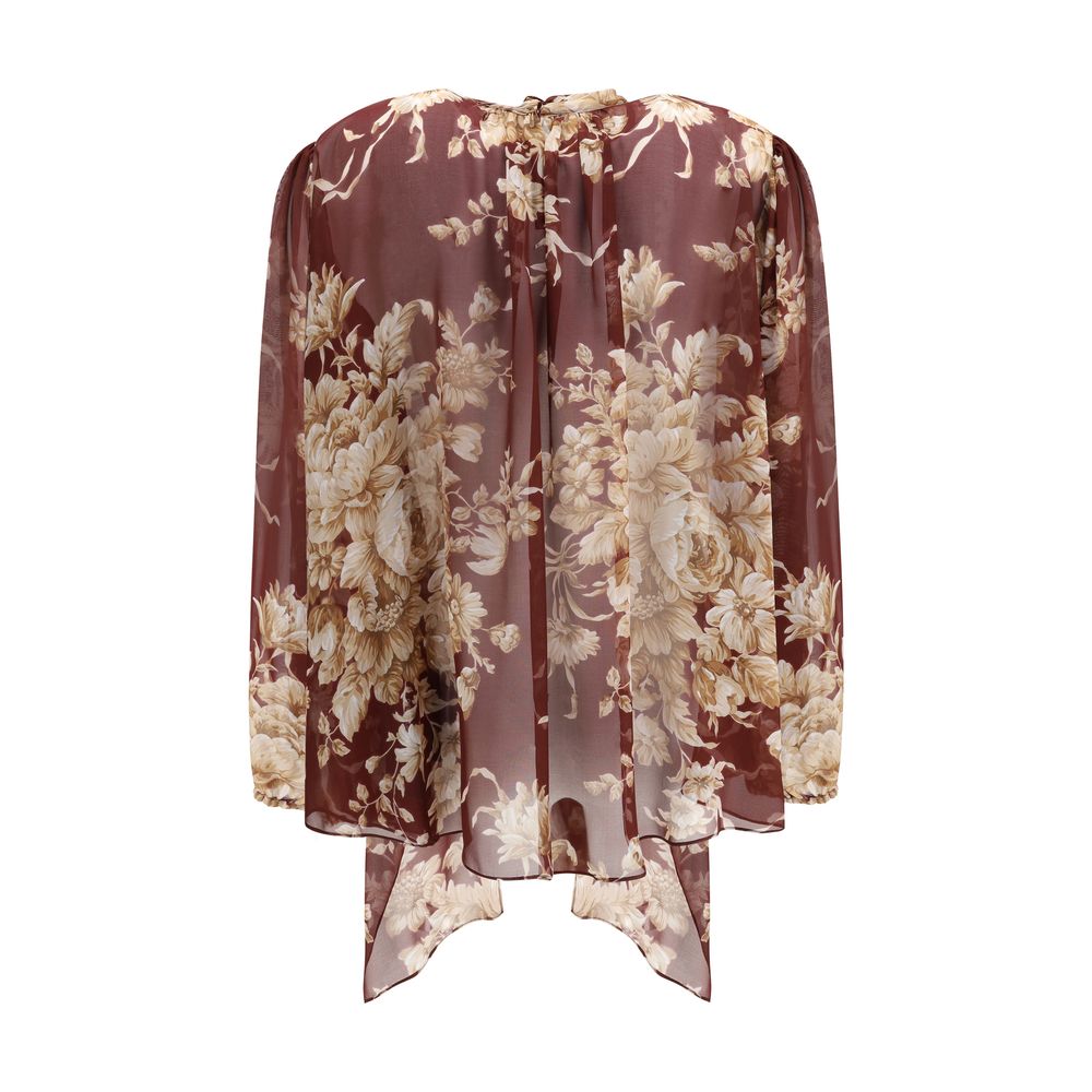 Dolce & Gabbana Bordeaux Silk Pattern Shirt with floral chiffon, delicate scarf, elastic sleeves, and elegant drop opening for AW25.