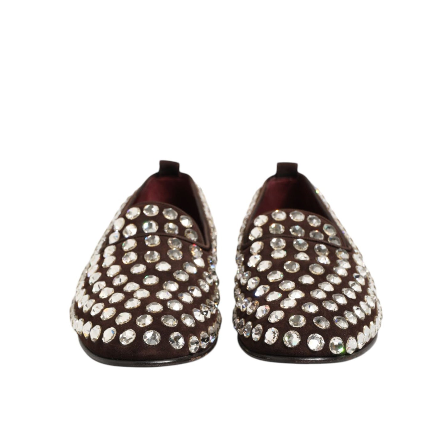 Dolce & Gabbana Bordeaux Suede Crystals Loafers Dress Shoes adorned with dazzling crystal embellishments, front view