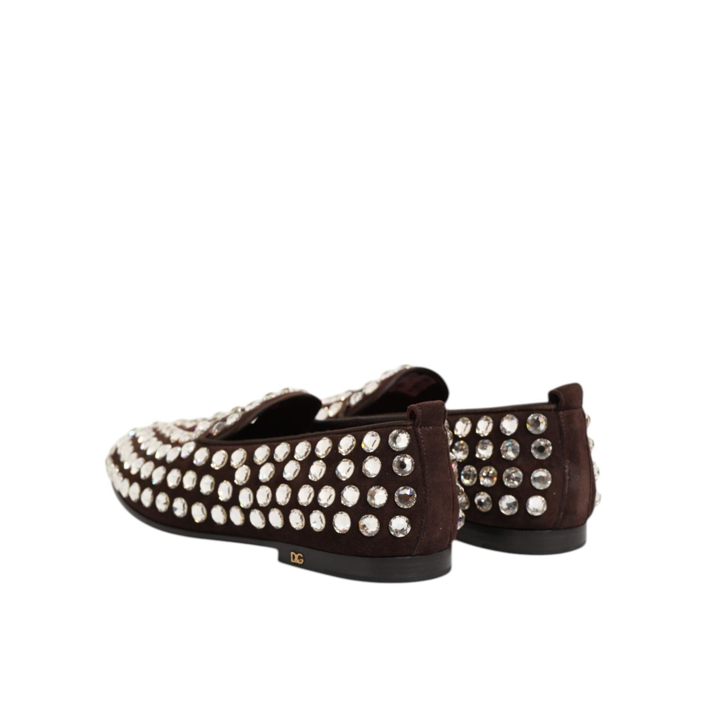 Dolce & Gabbana Bordeaux Suede Crystals Loafers Dress Shoes with crystal embellishments, rear view.