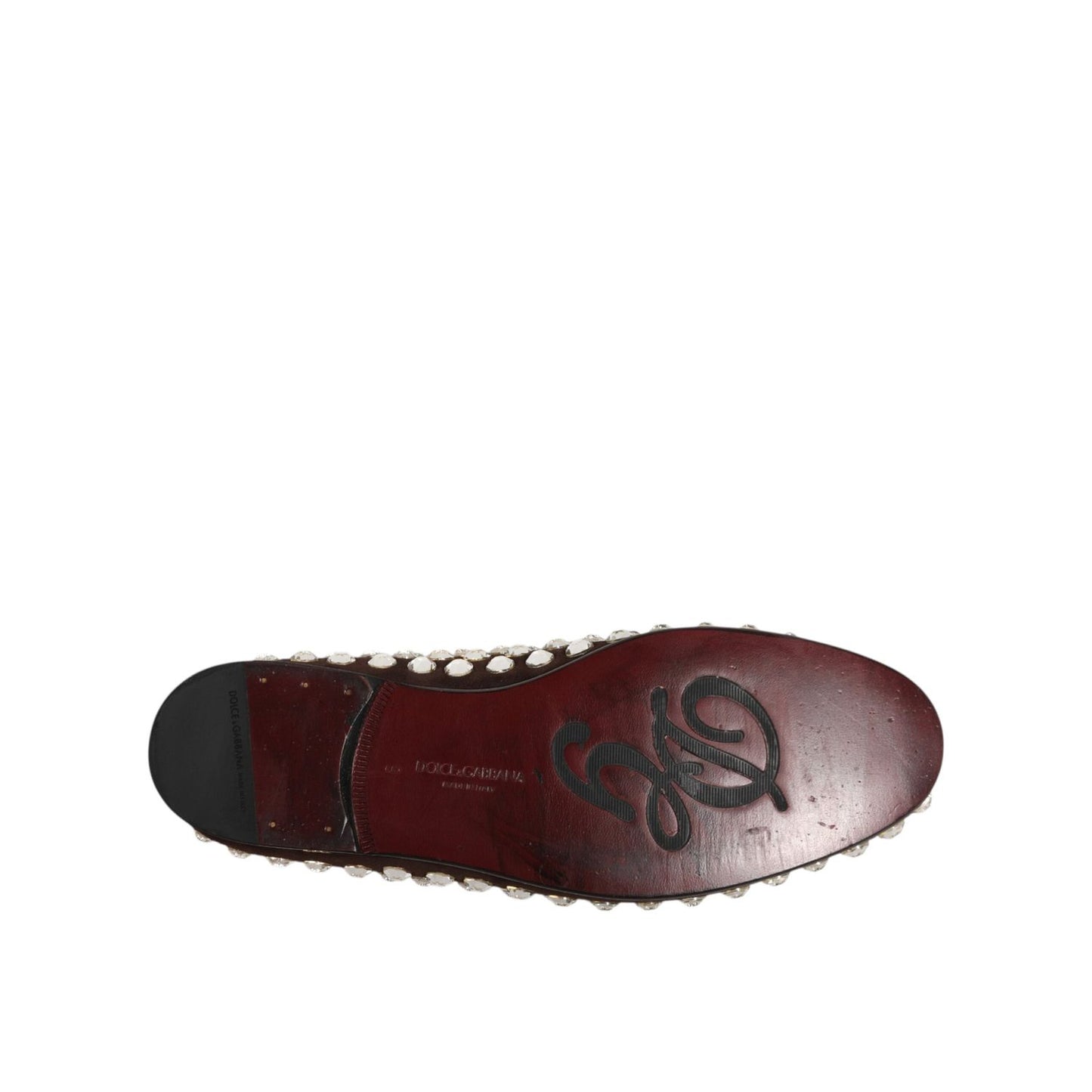 Dolce & Gabbana Bordeaux Suede Crystals Loafers Dress Shoes, bottom sole view with crystal embellishments.